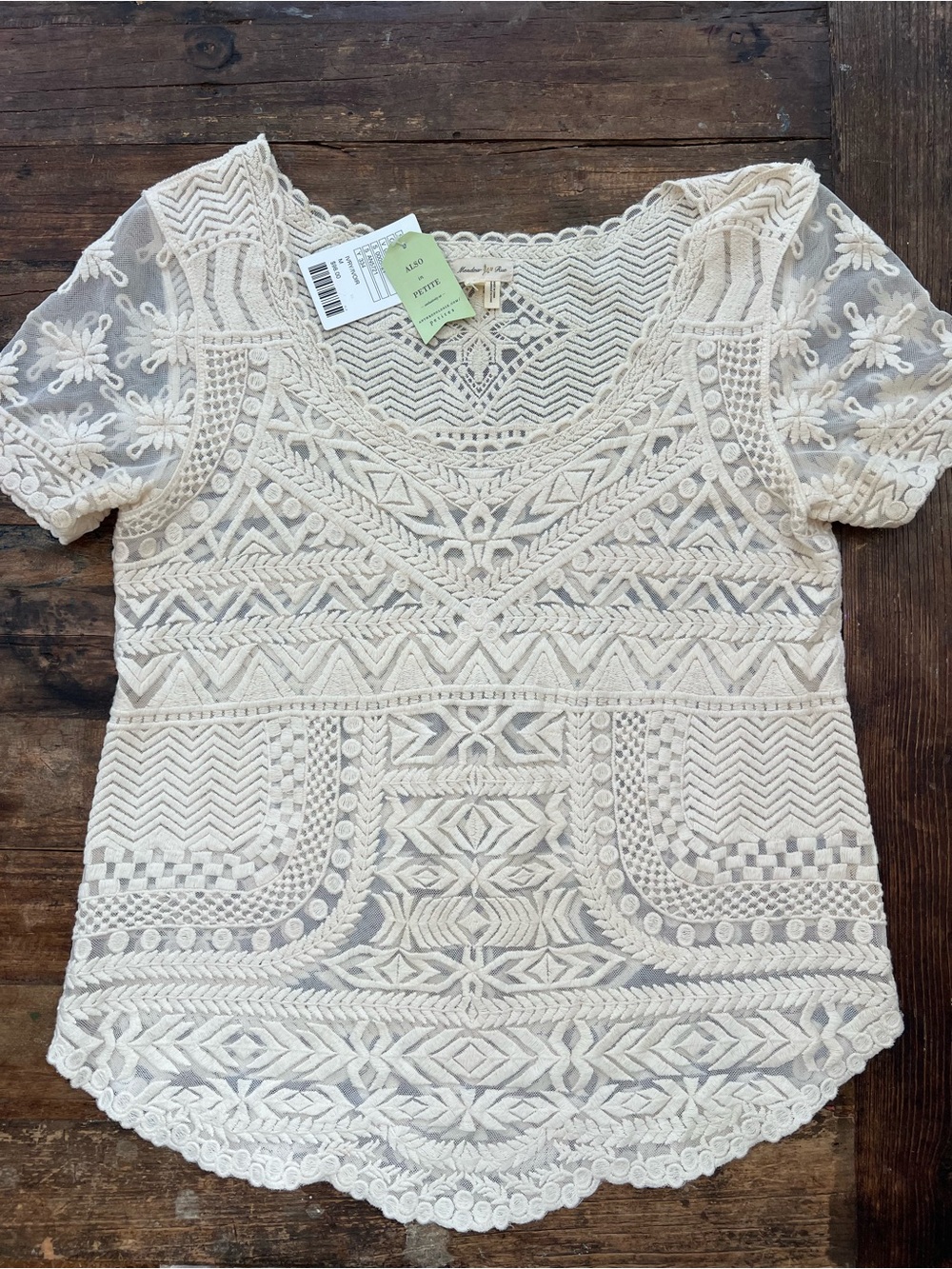 NWT Meadow Rue Cream Embroidered Lace Crochet Short Sleeve Sz M
